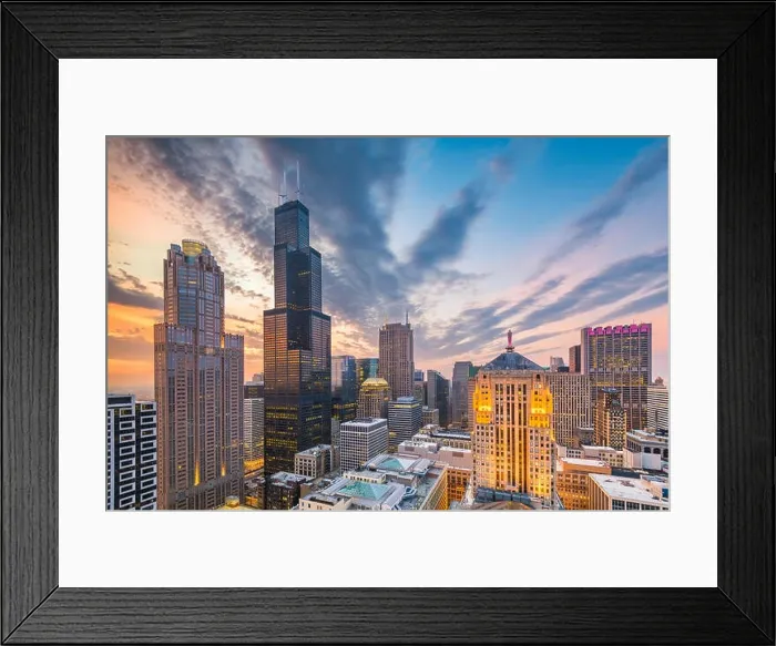 Framed Print : Chicago, Illinois, USA aerial downtown skyline at dusk towards Lake Michigan