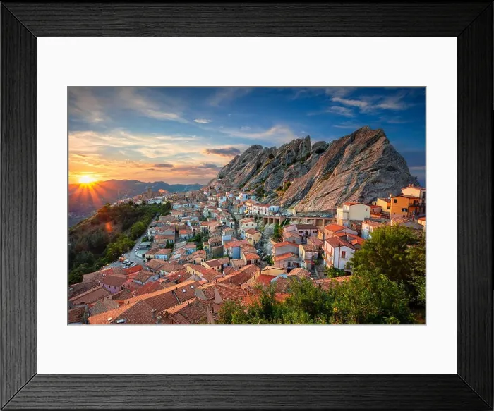 Framed Print : Pietrapertoza, Italy. Cityscape aerial image of medieval city of Pietrapertoza, Italy during beautiful sunset