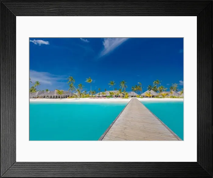 Framed Print : Maldives paradise scenery. Tropical landscape, seascape with long jetty, water villas with amazing sea lagoon beach, tropical nature summer vacation Framed Print : Maldives paradise scenery. Tropical landscape, seascape with long jetty, water villas with amazing sea lagoon beach, tropical nature summer vacation