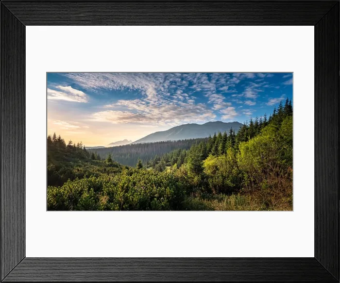 Framed Print : Scenic mountain view with mood sunrise at summer morning in Tatra National park, Poland Framed Print : Scenic mountain view with mood sunrise at summer morning in Tatra National park, Poland