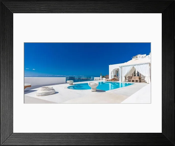 Framed Print : White architecture on Santorini island, Greece. Swimming pool in luxury hotel. Beautiful view on the sea, summer vacation, travel destination stunning Framed Print : White architecture on Santorini island, Greece. Swimming pool in luxury hotel. Beautiful view on the sea, summer vacation, travel destination stunning