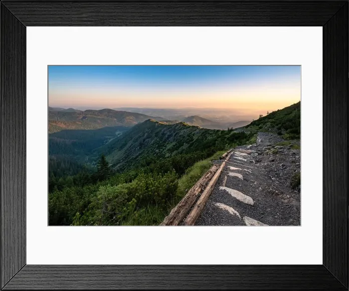 Framed Print : Scenic mountain view with mood sunrise and path at summer morning in Tatra National park, Poland Framed Print : Scenic mountain view with mood sunrise and path at summer morning in Tatra National park, Poland