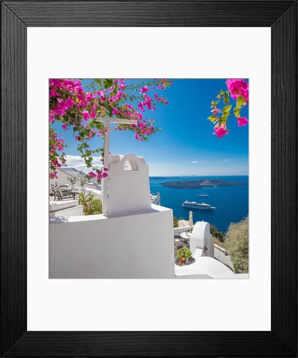 Framed Print : Santorini island, Oia, Greece. Traditional famous white architecture flowers under sunny weather over Caldera, Aegean sea. Beautiful summer vacation