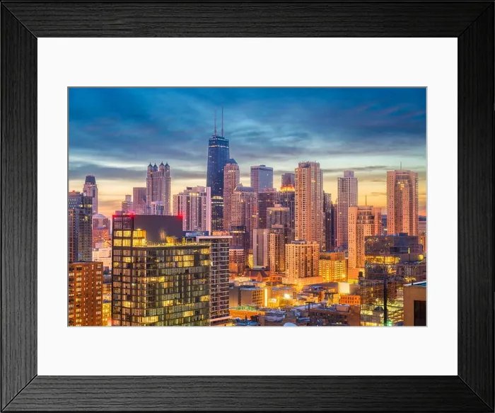 Framed Print : Chicago, Illinois, USA aerial downtown skyline at dusk towards Lake Michigan Framed Print : Chicago, Illinois, USA aerial downtown skyline at dusk towards Lake Michigan