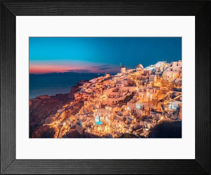 Framed Print : Amazing evening view of Santorini island. Picturesque spring sunset on the famous Oia village, Greece, Europe. Traveling concept background. Artistic Framed Print : Amazing evening view of Santorini island. Picturesque spring sunset on the famous Oia village, Greece, Europe. Traveling concept background. Artistic