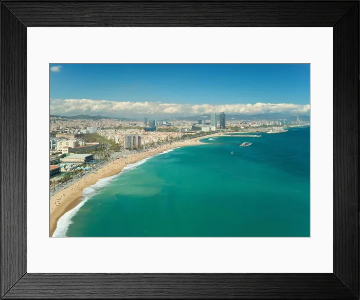 Framed Print : Aerial view of Barcelona, Barceloneta beach and Mediterranean sea in summer day at Barcelona, Spain Framed Print : Aerial view of Barcelona, Barceloneta beach and Mediterranean sea in summer day at Barcelona, Spain
