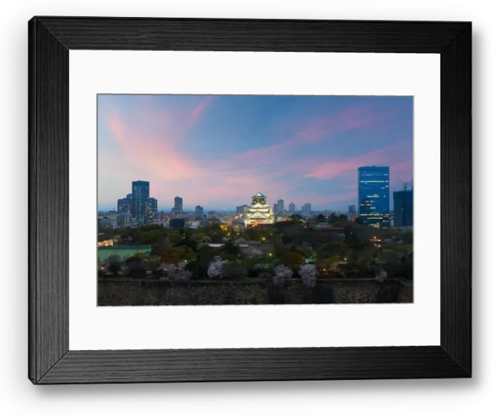 Framed Print : Japan cityscape at dusk. Landscape of Osaka business building around Osaka castle. Modern high building in business district area at dusk in Japan Framed Print : Japan cityscape at dusk. Landscape of Osaka business building around Osaka castle. Modern high building in business district area at dusk in Japan