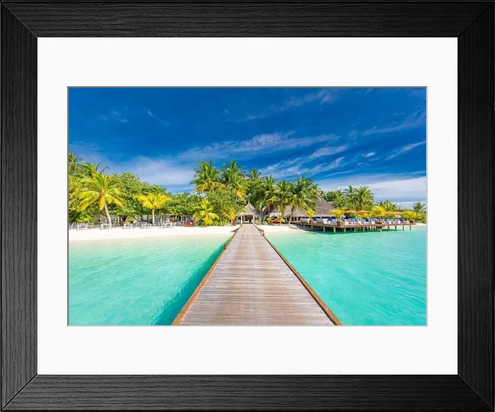 Framed Print : Beautiful tropical landscape background, luxury summer travel and vacation. Wooden pier into island against blue sky with white clouds, panoramic view Framed Print : Beautiful tropical landscape background, luxury summer travel and vacation. Wooden pier into island against blue sky with white clouds, panoramic view