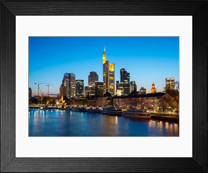 Framed Print : View of Frankfurt am Main skyline at dusk along Main river with cruise ship in Frankfurt, Germany Framed Print : View of Frankfurt am Main skyline at dusk along Main river with cruise ship in Frankfurt, Germany