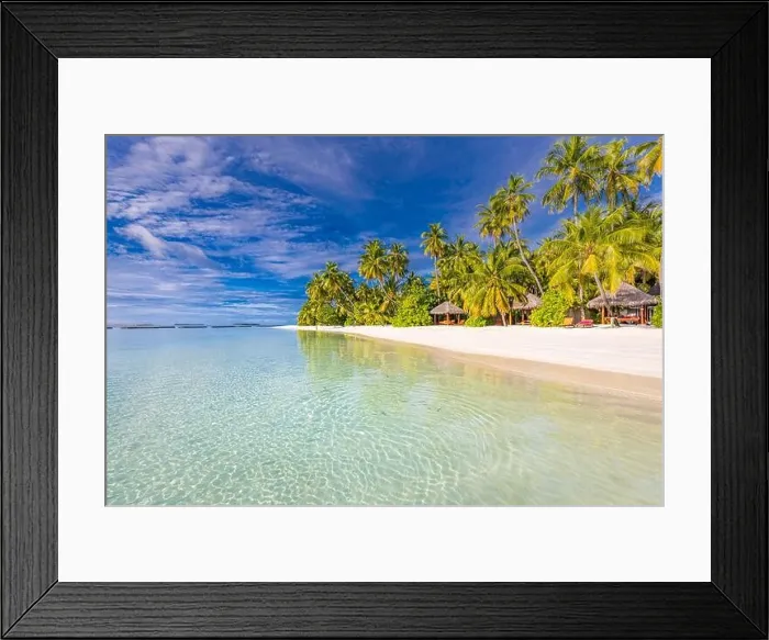 Framed Print : Amazing nature beach with palm trees and moody sky. Summer vacation travel holiday background concept. Maldives paradise beach. Luxury travel summer Framed Print : Amazing nature beach with palm trees and moody sky. Summer vacation travel holiday background concept. Maldives paradise beach. Luxury travel summer