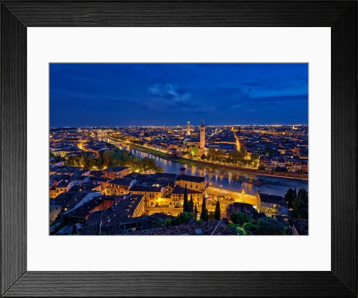 Framed Print : Panoramic aerial view of Verona, Italy at blue hour, after summer sunset Framed Print : Panoramic aerial view of Verona, Italy at blue hour, after summer sunset