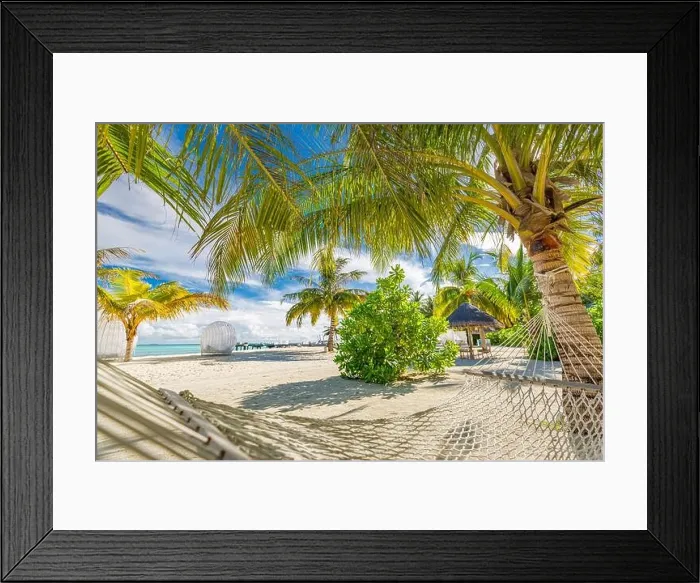 Framed Print : Tropical beach paradise as summer landscape with beach swing or hammock and white sand, calm sea for serene beach. Luxury beach scene vacation summer Framed Print : Tropical beach paradise as summer landscape with beach swing or hammock and white sand, calm sea for serene beach. Luxury beach scene vacation summer