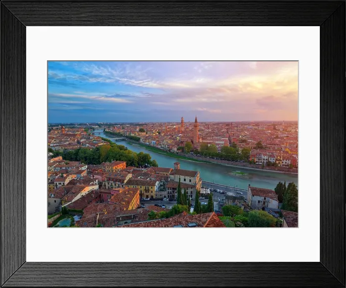 Framed Print : Panoramic aerial view of Verona, Italy at summer sunset, sun lens flare Framed Print : Panoramic aerial view of Verona, Italy at summer sunset, sun lens flare