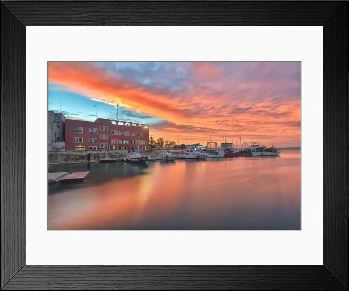 Framed Print : Fishing boats in Monopoli city bay at sunset with cloudy sky background, southern Italy, Europe Framed Print : Fishing boats in Monopoli city bay at sunset with cloudy sky background, southern Italy, Europe