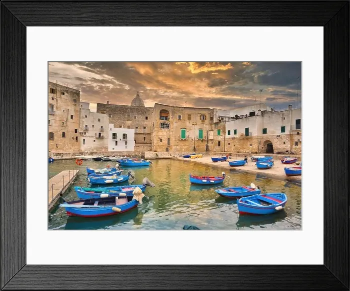 Framed Print : Fishing boats in Monipoli city bay with cloudy sky background, southern Italy, Europe Framed Print : Fishing boats in Monipoli city bay with cloudy sky background, southern Italy, Europe
