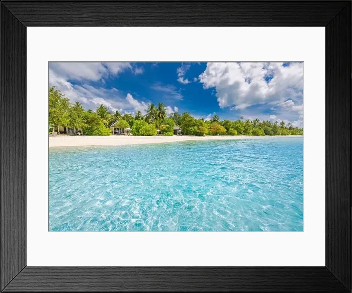 Framed Print : Beautiful beach and tropical sea. Wonderful beach nature, Maldives scenery, perfect view of exotic landscape, white sand and blue sky. Luxury resort