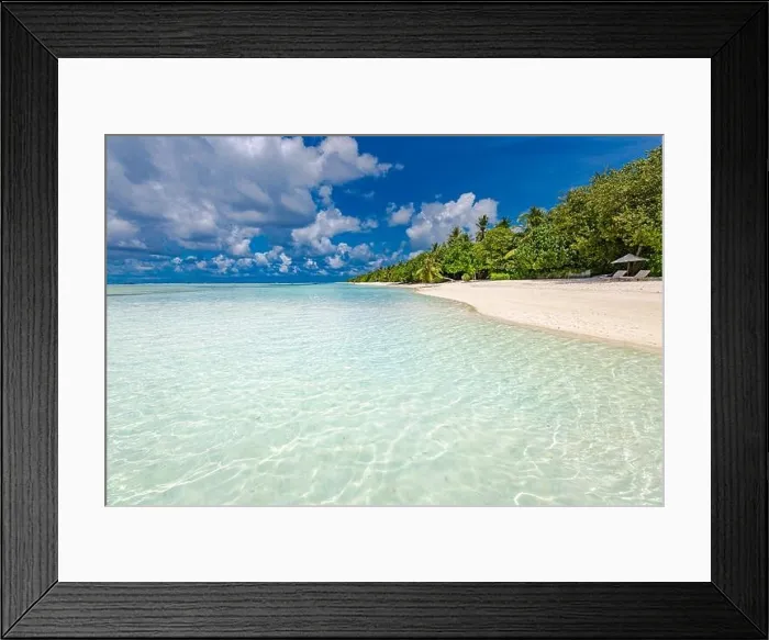 Framed Print : Beautiful beach and tropical sea. Wonderful beach nature, Maldives scenery, perfect view of exotic landscape, white sand and blue sky. Luxury resort Framed Print : Beautiful beach and tropical sea. Wonderful beach nature, Maldives scenery, perfect view of exotic landscape, white sand and blue sky. Luxury resort