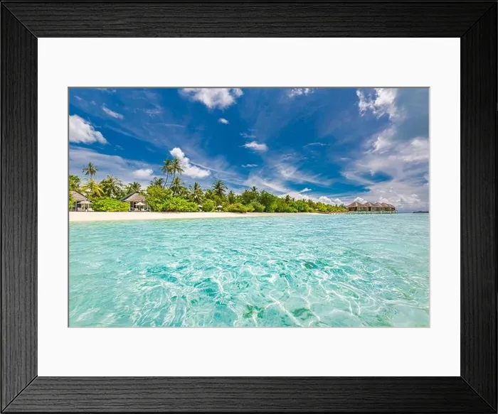 Framed Print : Beautiful beach and tropical sea. Wonderful beach nature, Maldives scenery, perfect view of exotic landscape, white sand and blue sky. Luxury resort Framed Print : Beautiful beach and tropical sea. Wonderful beach nature, Maldives scenery, perfect view of exotic landscape, white sand and blue sky. Luxury resort