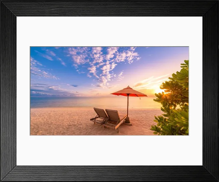 Framed Print : Tranquil beach scene. Exotic tropical beach landscape for background or wallpaper. Design of summer vacation holiday concept