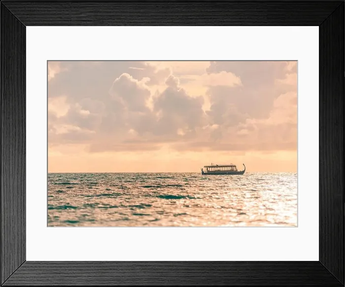 Framed Print : Maldives Sunset cruise with Dhoni boat in Maldives islands. Tropical sea sunset, seascape. People enjoying the sunset and looking for marine life Framed Print : Maldives Sunset cruise with Dhoni boat in Maldives islands. Tropical sea sunset, seascape. People enjoying the sunset and looking for marine life