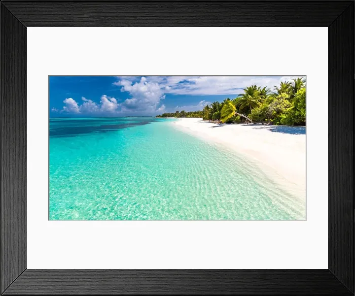 Framed Print : Beautiful beach with palm trees, moody sky. Summer vacation travel holiday background concept. Maldives paradise beach. Luxury travel summer holiday Framed Print : Beautiful beach with palm trees, moody sky. Summer vacation travel holiday background concept. Maldives paradise beach. Luxury travel summer holiday