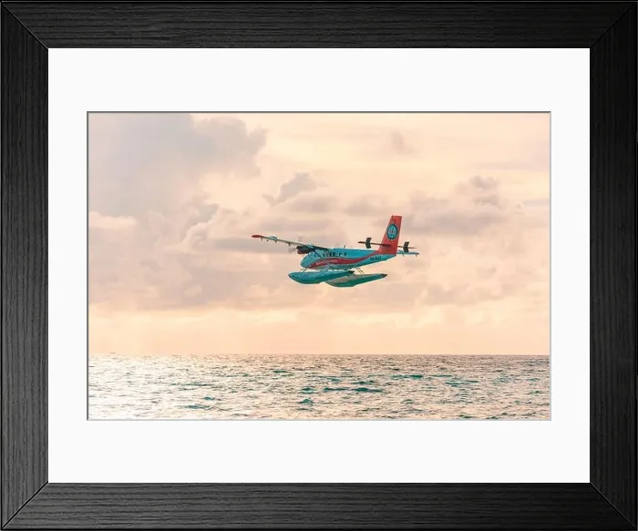 Framed Print : Ari Atoll, Maldives - 05.10.2019: Seaplane at tropical beach resort. Luxury summer travel destination seaplane in Maldives islands. Exotic vacation Framed Print : Ari Atoll, Maldives - 05.10.2019: Seaplane at tropical beach resort. Luxury summer travel destination seaplane in Maldives islands. Exotic vacation