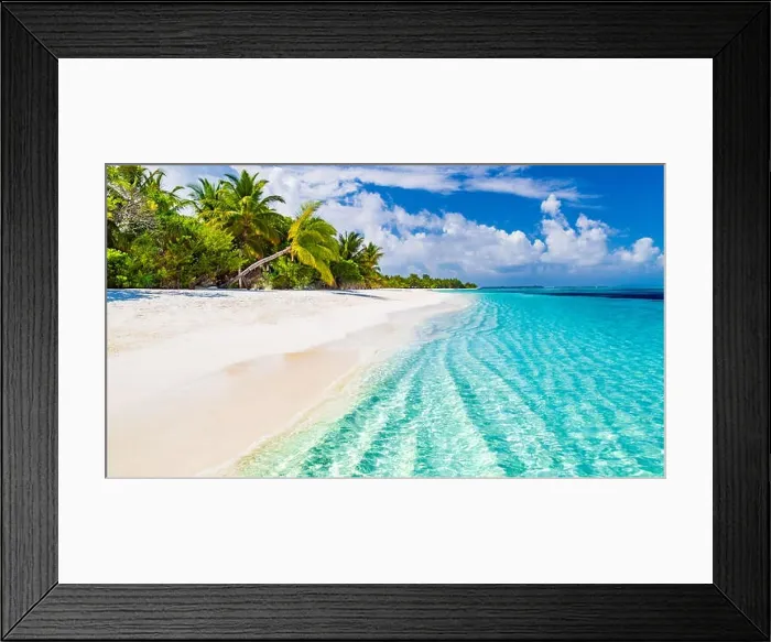 Framed Print : Beautiful beach with palm trees, moody sky. Summer vacation travel holiday background concept. Maldives paradise beach. Luxury travel summer holiday Framed Print : Beautiful beach with palm trees, moody sky. Summer vacation travel holiday background concept. Maldives paradise beach. Luxury travel summer holiday
