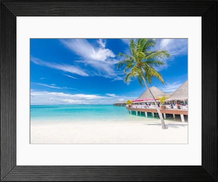 Framed Print : Perfect Maldives beach landscape palm and luxury villa and over water bungalows, seascape. Tropical vacation destination, amazing travel background Framed Print : Perfect Maldives beach landscape palm and luxury villa and over water bungalows, seascape. Tropical vacation destination, amazing travel background