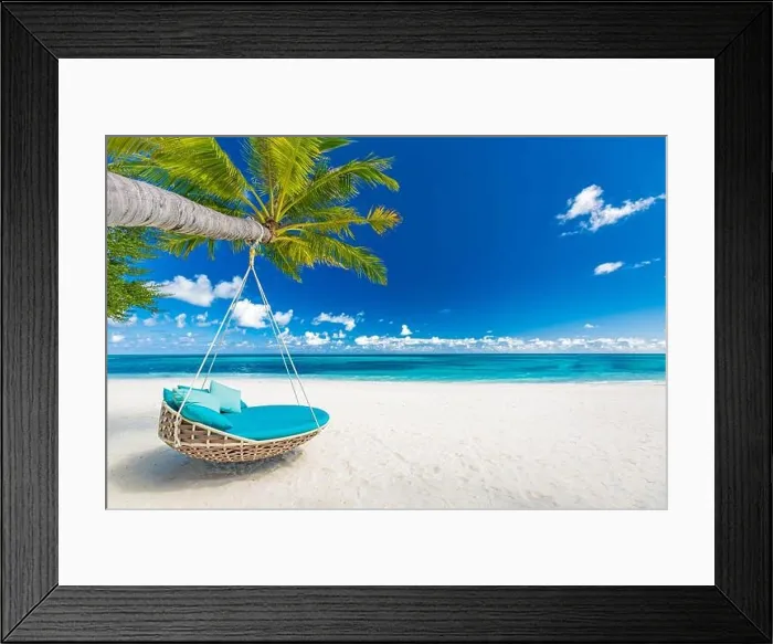 Framed Print : Tropical beach paradise as summer landscape with beach swing or hammock and white sand, calm sea for serene beach. Luxury beach scene vacation summer Framed Print : Tropical beach paradise as summer landscape with beach swing or hammock and white sand, calm sea for serene beach. Luxury beach scene vacation summer