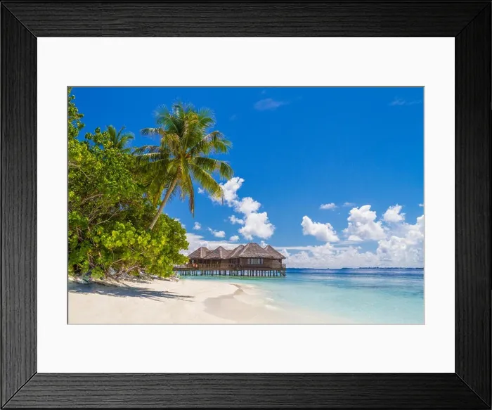 Framed Print : Fantastic Maldives beach background. Beautiful white sand beach and palm trees under blue sky. Luxury travel and vacation concept Framed Print : Fantastic Maldives beach background. Beautiful white sand beach and palm trees under blue sky. Luxury travel and vacation concept