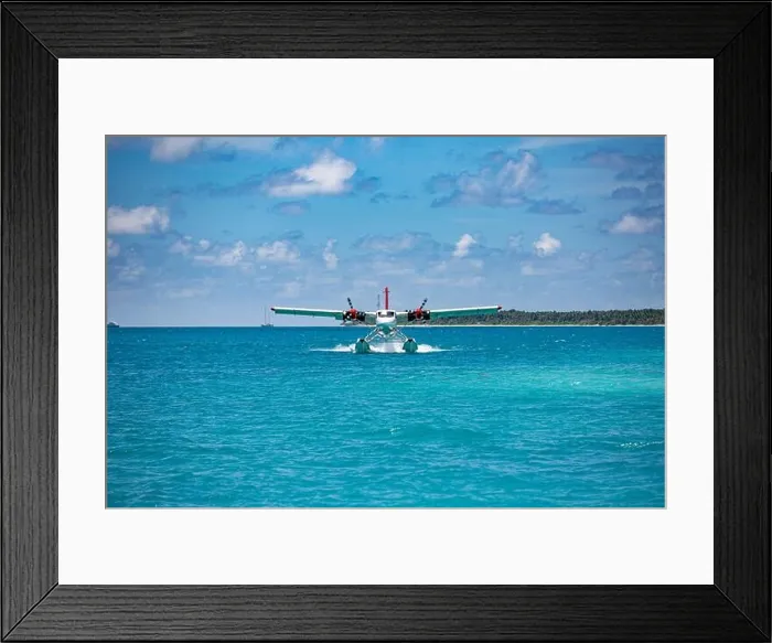 Framed Print : Seaplane at tropical beach resort. Luxury summer travel destination with seaplane in Maldives islands. Exotic vacation holiday transportation Maldives