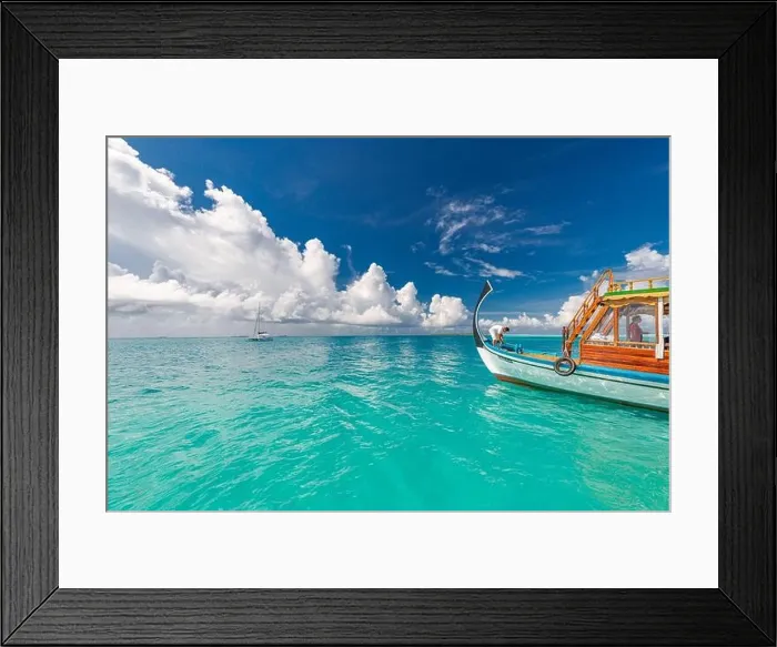 Framed Print : Inspirational Maldives beach design. Maldives traditional boat Dhoni perfect blue sea with lagoon. Luxury tropical paradise vacation travel torusim Framed Print : Inspirational Maldives beach design. Maldives traditional boat Dhoni perfect blue sea with lagoon. Luxury tropical paradise vacation travel torusim
