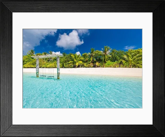 Framed Print : Exotic tropical paradise swings over crystal clear turquoise blue ocean sea water landscape seascape Framed Print : Exotic tropical paradise swings over crystal clear turquoise blue ocean sea water landscape seascape