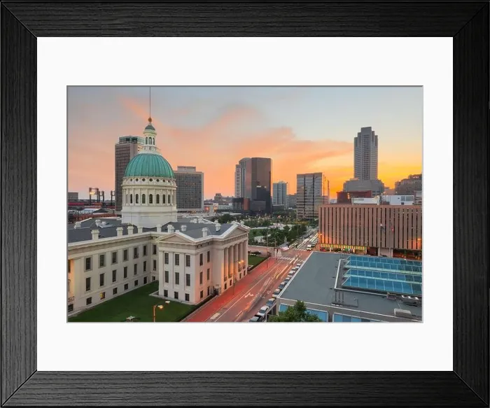 Framed Print : St. Louis, Missouri, USA downtown cityscape with the old courthouse at dusk Framed Print : St. Louis, Missouri, USA downtown cityscape with the old courthouse at dusk