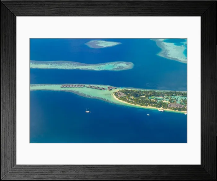 Framed Print : Amazing aerial view of Maldives island and beach. Drone or airplane view of atoll and island and sea Framed Print : Amazing aerial view of Maldives island and beach. Drone or airplane view of atoll and island and sea