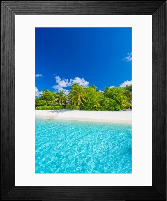 Framed Print : Beautiful beach with palm trees and moody sky. Summer vacation travel holiday background concept. Maldives paradise beach. Luxury travel design Framed Print : Beautiful beach with palm trees and moody sky. Summer vacation travel holiday background concept. Maldives paradise beach. Luxury travel design