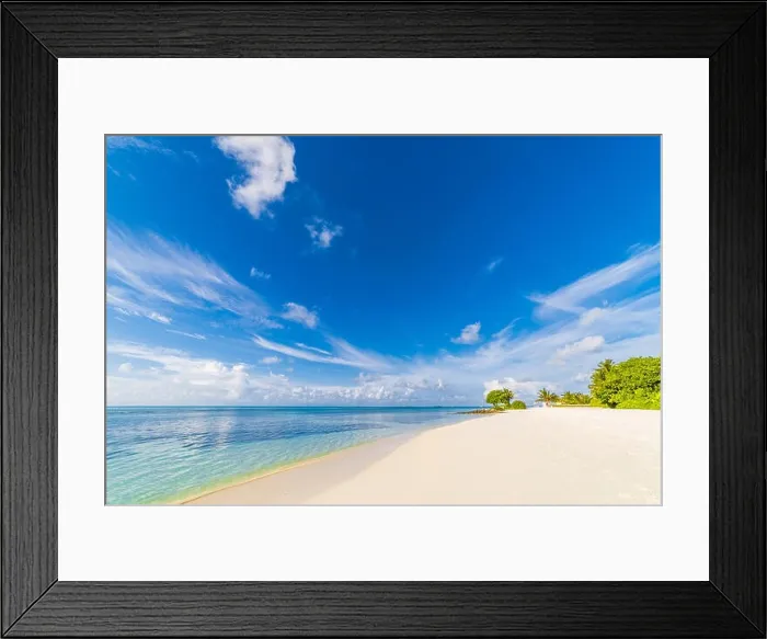 Framed Print : Empty beach scene under blue sky. Soft white sand and beautiful sea view Framed Print : Empty beach scene under blue sky. Soft white sand and beautiful sea view