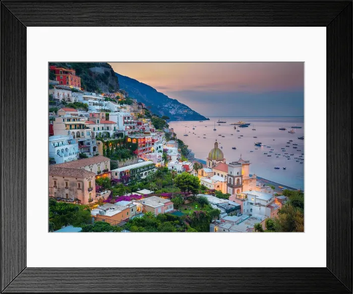 Framed Print : Positano. Aerial image of famous city Positano located on Amalfi Coast, Italy during sunrise Framed Print : Positano. Aerial image of famous city Positano located on Amalfi Coast, Italy during sunrise