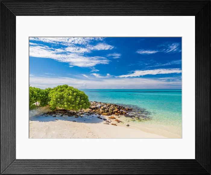 Framed Print : Empty tropical beach background. Green bushes and sea view Framed Print : Empty tropical beach background. Green bushes and sea view