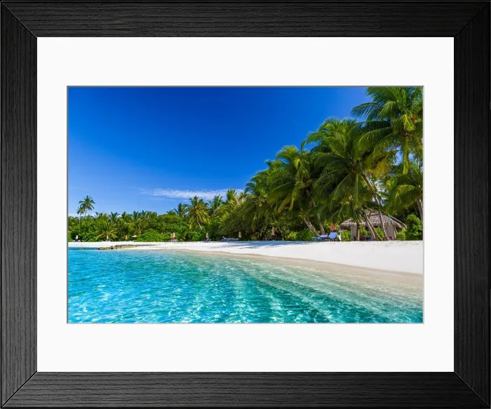 Framed Print : Beautiful beach with palm trees and moody sky. Summer vacation travel holiday background concept. Maldives paradise beach. Luxury travel design Framed Print : Beautiful beach with palm trees and moody sky. Summer vacation travel holiday background concept. Maldives paradise beach. Luxury travel design