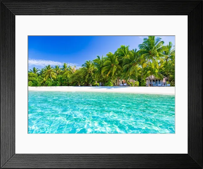 Framed Print : Beautiful beach with palm trees and moody sky. Summer vacation travel holiday background concept. Maldives paradise beach. Luxury travel design Framed Print : Beautiful beach with palm trees and moody sky. Summer vacation travel holiday background concept. Maldives paradise beach. Luxury travel design