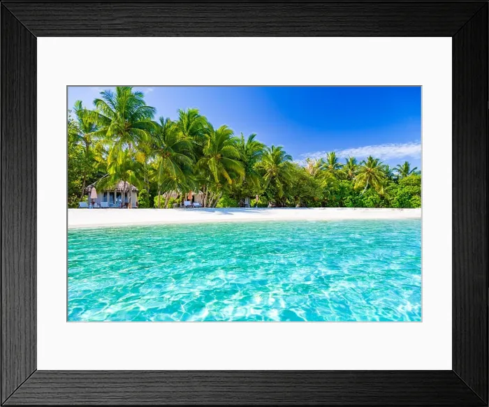 Framed Print : Perfect tropical landscape. White sand blue sky and palm trees Framed Print : Perfect tropical landscape. White sand blue sky and palm trees