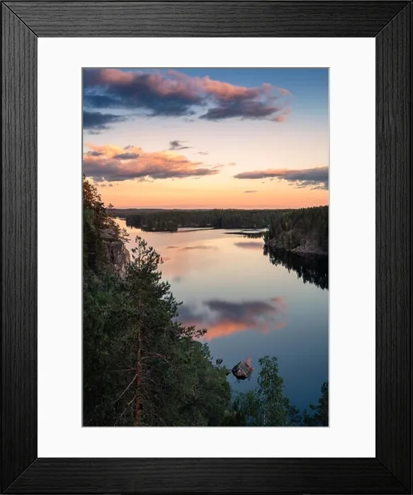 Framed Print : Scenic high angle view with sunrise and peaceful lake at summer evening in Finland Framed Print : Scenic high angle view with sunrise and peaceful lake at summer evening in Finland
