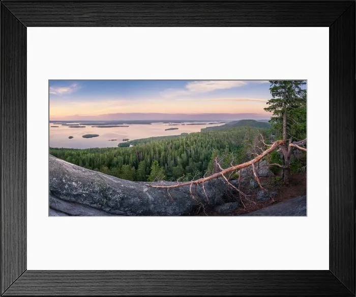 Framed Print : Scenic landscape with lake and sunset at evening in Koli, national park, Finland Framed Print : Scenic landscape with lake and sunset at evening in Koli, national park, Finland