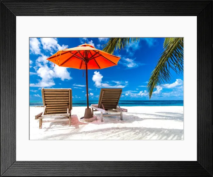 Framed Print : Beautiful beach. Chairs on the sandy beach near the sea. Summer holiday and vacation concept for tourism. Inspirational tropical landscape Framed Print : Beautiful beach. Chairs on the sandy beach near the sea. Summer holiday and vacation concept for tourism. Inspirational tropical landscape