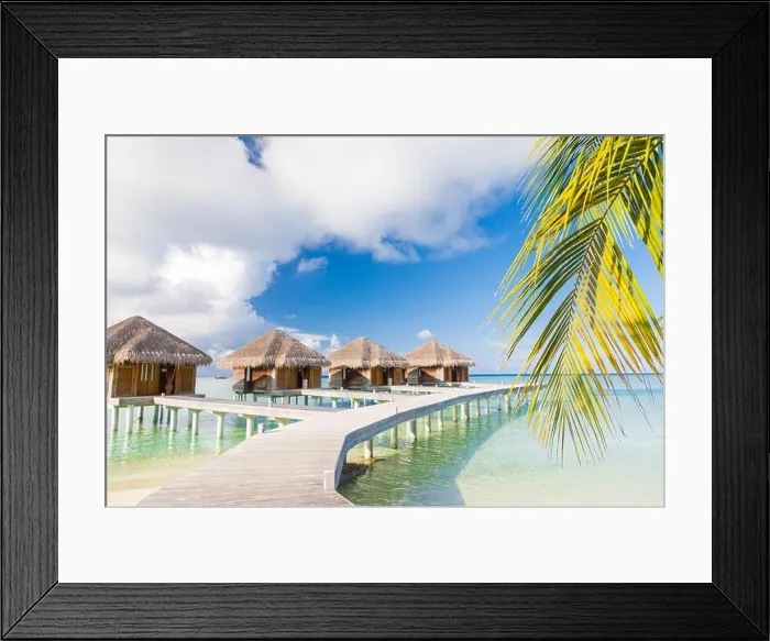 Framed Print : Beautiful beach scene water bungalows. Summer holiday and vacation concept background. Inspirational tropical landscape design Framed Print : Beautiful beach scene water bungalows. Summer holiday and vacation concept background. Inspirational tropical landscape design