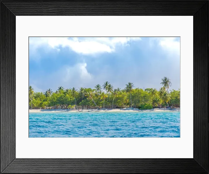 Framed Print : Tranquil tropical beach landscape. Soft waves and overcast sky over green palm trees Framed Print : Tranquil tropical beach landscape. Soft waves and overcast sky over green palm trees