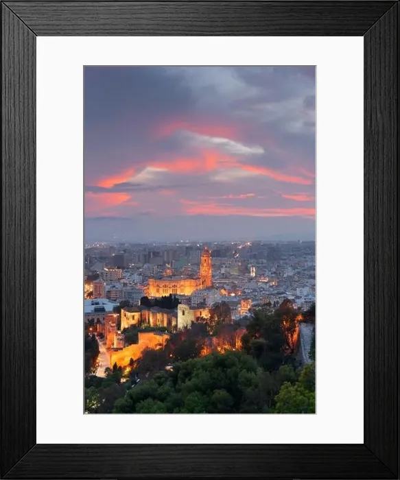 Framed Print : Malaga, Spain cityscape at the Cathedral, City Hall and Alcazaba citadel of Malaga at dusk Framed Print : Malaga, Spain cityscape at the Cathedral, City Hall and Alcazaba citadel of Malaga at dusk
