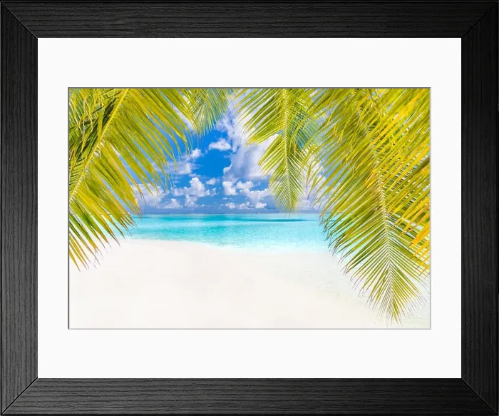 Framed Print : Tranquil beach banner. Palm trees and amazing blue sea view with white sand Framed Print : Tranquil beach banner. Palm trees and amazing blue sea view with white sand