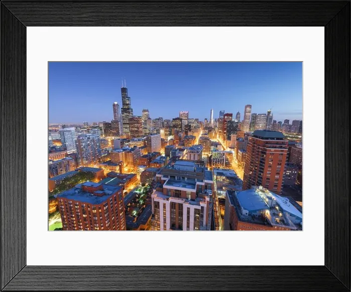 Framed Print : Chicago, Illinois, USA aerial cityscape towards Lake Michigan at dusk Framed Print : Chicago, Illinois, USA aerial cityscape towards Lake Michigan at dusk